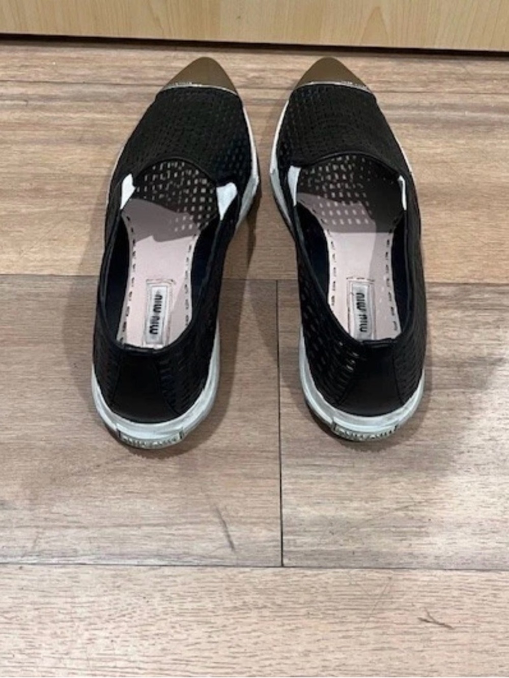 Miu Miu Black Perforated Slip-On Sneakers with Silver Cap Toe - Picture 2 of 6